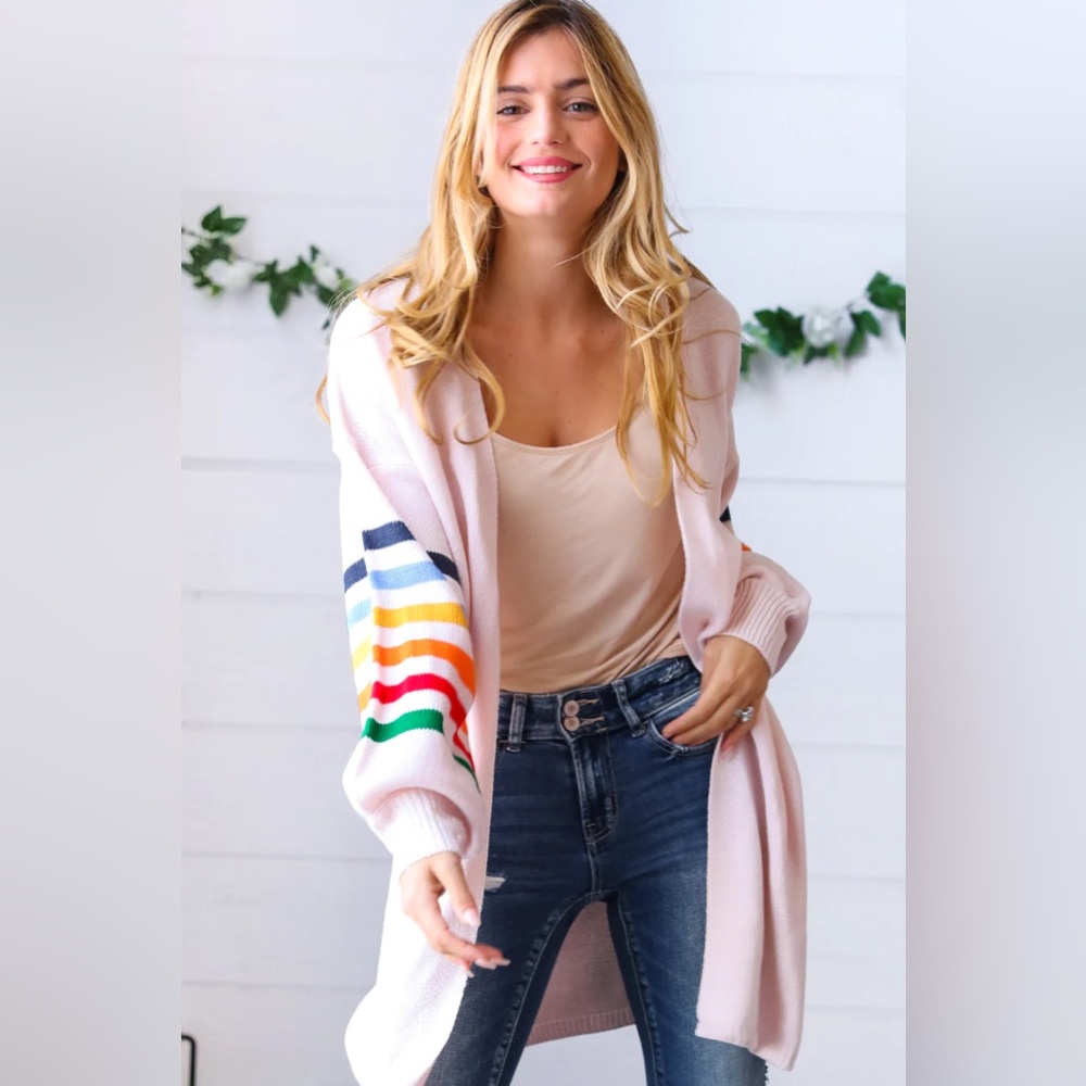 Cardigan Rainbow Stripe Bubble Sleeve Open Sweater Cardigan